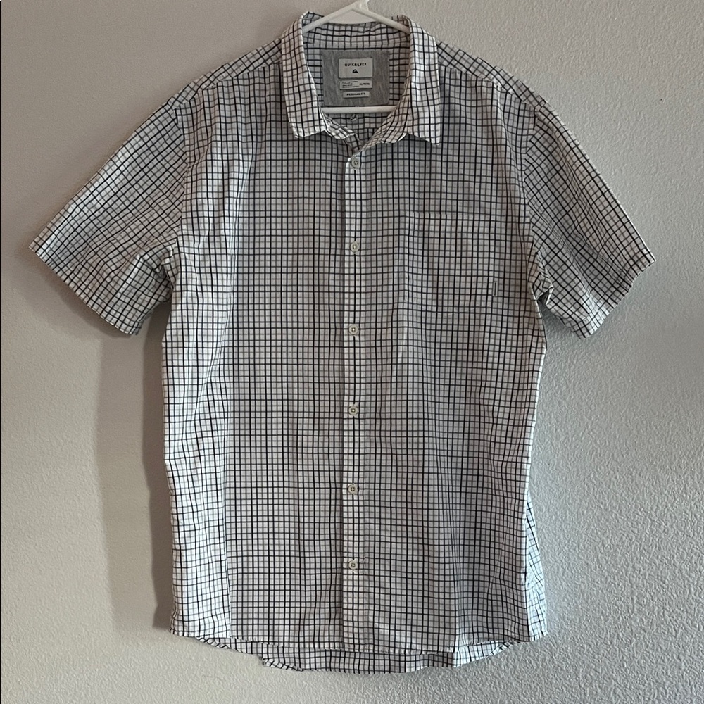 Quiksilver White, Blue and Grey Grid Short Sleeve Button-Down Shirt